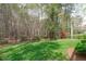 Well maintained backyard with a manicured lawn, fencing, and surrounding trees at 5410 Highcroft Dr, Cary, NC 27519