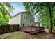 Spacious backyard featuring a wooden deck, fenced-in yard, and mature trees for privacy at 5410 Pageford Dr, Durham, NC 27703