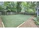 Backyard with a well-maintained artificial turf lawn, surrounded by mulch and a wooden fence at 813 Burch Ave, Durham, NC 27701