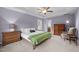 Comfortable bedroom features a ceiling fan, bedside lamps, and carpeted floors at 831 Poplar St, Durham, NC 27703