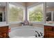 Large soaking tub in the primary bathroom with a view to outside at 9013 Dansforeshire Way, Wake Forest, NC 27587