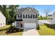 Charming two-story home with gray siding, black shutters, and a well-manicured lawn at 1028 Gallivant Way, Wake Forest, NC 27587