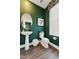 Stylish powder room featuring dark green walls, a pedestal sink, and modern fixtures at 10518 Pleasant Branch Dr # 33, Raleigh, NC 27614