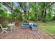 Inviting backyard patio with blue cushioned seating area under a charming pergola at 109 Davidson Ave, Durham, NC 27704