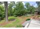 A mulched backyard has steps that lead up to the house at 1604 Pinecrest Rd, Durham, NC 27705