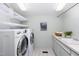 Well-lit laundry room with modern washer and dryer, sink and ample shelving at 1604 Pinecrest Rd, Durham, NC 27705