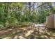 Backyard patio with outdoor seating surrounded by lush greenery, offering a private retreat at 17 Crystal Oaks Ct, Durham, NC 27707