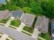 An aerial view shows houses with lawns on a sunny day, surrounded by lush trees and greenery at 2036 Amy Grace Ct, Fuquay Varina, NC 27526