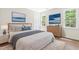 Comfortable bedroom with large windows, soft rug, and blue accents at 214 Wax Myrtle Ct, Cary, NC 27513