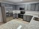 Modern kitchen with gray cabinets, granite countertops, and stainless steel appliances at 225 Virens Drive, Cary, NC 27511