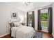 Bright bedroom featuring a bed, two windows, and gray curtains and blue rug at 2409 New Hope Church Rd, Chapel Hill, NC 27514