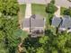 Aerial view of the property highlighting the backyard, patio, mature trees, and the home's location in a quiet neighborhood at 2721 Dahlgreen Rd, Raleigh, NC 27615