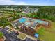 Aerial view of a community pool and playground surrounded by lush landscaping and homes at 3625 Bailey Lake Dr, Fuquay Varina, NC 27526