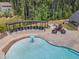 Aerial view of the community pool, lounge area, and pergola at 508 White Oak Branch Ln, Apex, NC 27523