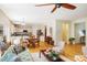 Open living area blends into kitchen and dining space featuring wood floors and light color palettes at 815 Solitude Pt, Chapel Hill, NC 27516
