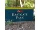 Sign for Eastgate Park listing the address and the Raleigh Parks & Cultural Resources Department at 1000 Winona Rd, Raleigh, NC 27609