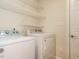 Laundry room complete with washer, dryer, wire shelving and white walls at 101 Temple Gate Dr, Cary, NC 27518