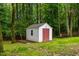 A backyard shed with red doors offers extra storage space in a large backyard at 119 Valleycastle Ct, Clayton, NC 27520