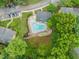 Aerial view of a community pool surrounded by lush green landscape and trees at 1200 Schaub Dr # G, Raleigh, NC 27606