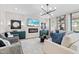 Cozy living room with electric fireplace, TV, modern light fixture, accent wall and blue accents at 147 Sugar Pine Drive, Franklinton, NC 27525