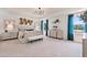 Spacious primary bedroom featuring a tray ceiling, decor wall art, and large windows with vibrant blue curtains at 148 Sugar Pine Drive, Franklinton, NC 27525
