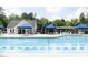 A beautiful community pool with blue awnings and plenty of seating for residents to enjoy on a sunny day at 1816 Piperwood Ct, Durham, NC 27713