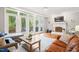 Cozy living room has a fireplace, hardwood floors, and access to an outdoor deck at 203 Lighthouse Way, Cary, NC 27511