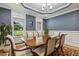 Bright dining room with large windows and an elegant chandelier, perfect for Gathering gatherings at 205 Sherman Pines Dr, Fuquay Varina, NC 27526