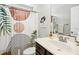 Modern bathroom showcasing a single vanity and a patterned shower curtain at 21 Diploma Dr, Clayton, NC 27520