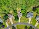 Overhead shot of several homes, showing landscaped yards and a curved road in a wooded neighborhood at 347 Manchester Trl, Clayton, NC 27527