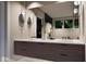 Bathroom featuring a double vanity with wood cabinets, stone countertop, and modern lighting at 404 Shinleaf Pond Trl, Raleigh, NC 27614