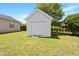 Detached garage with white siding and door in a well-maintained backyard at 518 Spruce Meadows Ln, Willow Springs, NC 27592
