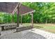 Beautiful backyard patio with pergola, stone accents, and a lush, green backdrop at 677 Juliette Ct, Creedmoor, NC 27522