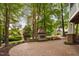 Beautiful backyard featuring a stone fireplace, patio, and green foliage, creating an inviting outdoor space at 7808 Umstead Forest Dr, Raleigh, NC 27612