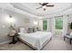 This main bedroom offers neutral colors, a tray ceiling, two windows, and a ceiling fan at 7808 Umstead Forest Dr, Raleigh, NC 27612