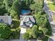 Aerial view of a home showcasing a backyard pool, playset, mature trees, and a well-manicured lawn at 8517 Evans Mill Pl, Raleigh, NC 27613