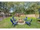 Cozy backyard fire pit area with seating, a playset, and a trampoline for outdoor gatherings at 8517 Evans Mill Pl, Raleigh, NC 27613
