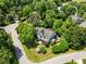 An aerial view shows a home surrounded by lush landscaping and mature trees at 100 Michaels Way, Chapel Hill, NC 27516