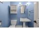 Bathroom with blue walls featuring a pedestal sink, toilet, and a mirrored vanity at 100 Michaels Way, Chapel Hill, NC 27516