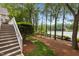Lush backyard with lake access, featuring mature trees and well-manicured lawn, perfect for outdoor activities and relaxation at 1009 Bearglades Ln, Raleigh, NC 27615
