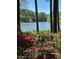 Scenic lake view surrounded by lush greenery and blooming rhododendrons at 1009 Bearglades Ln, Raleigh, NC 27615
