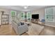 Cozy living room with large windows and a stylish gray couch at 1022 Flagler St, Durham, NC 27713