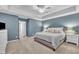 Spacious main bedroom showing lots of natural light, blue walls, and carpet floors at 1022 Flagler St, Durham, NC 27713