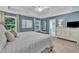 Comfortable main bedroom with lots of natural light, a blue accent wall, and carpet floors at 1022 Flagler St, Durham, NC 27713