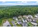 An aerial view of houses with a dense forest in the background, plus a small lake at 122 Swansboro Ln, Chapel Hill, NC 27516