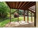 Exterior shot of a deck overlooking a lush backyard with mature trees and landscaping at 1404 Kings Lassiter Way, Raleigh, NC 27614