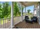 The back porch has white columns and furniture, perfect for enjoying outdoor living at 1423 Tannin Dr, Durham, NC 27713