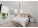 Well-lit bedroom featuring a cozy bed, modern lighting, and a view of the outside scenery at 1423 Tannin Dr, Durham, NC 27713
