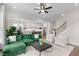 Open floorplan view of the living room and adjacent kitchen and dining area at 1423 Tannin Dr, Durham, NC 27713