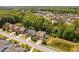 Aerial view of a suburban neighborhood with tree-lined streets and well-maintained homes at 1458 Wragby Ln, Apex, NC 27502